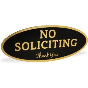 imageExcelMark No Soliciting Sign for House or Business  Durable IndoorOutdoor Sign  Easily Attach to Front Door  UV and Weather Resistant Small  2quotx 5quot Black with Gold LettersBlackGold Oval